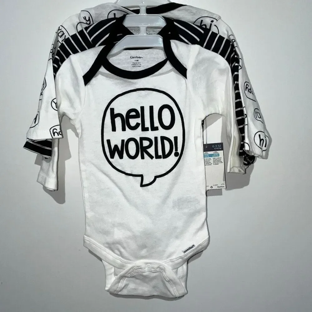 Lot of 3 Gerber Baby Boys Long Sleeve‎ Bodysuits Black White Size 6-9 Months NWT